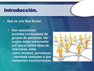 Introducción.

• Qué es una Red Social.

  • Son estructuras
    sociales compuestas de
    grupos de personas, las
    cuales están conectadas
    por uno o varios tipos de
    relaciones, tales
    como amistad, parentesco
    , intereses comunes o que
    comparten conocimientos.
 