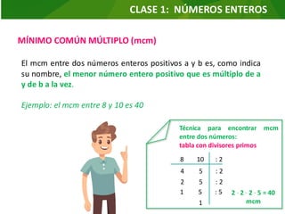 MÍNIMO COMÚN MÚLTIPLO (mcm)
El mcm entre dos números enteros positivos a y b es, como indica
su nombre, el menor número entero positivo que es múltiplo de a
y de b a la vez.
Ejemplo: el mcm entre 8 y 10 es 40
Técnica para encontrar mcm
entre dos números:
tabla con divisores primos
8 10 : 2
4 5 : 2
2 5 : 2
1 5 : 5
1
2 ∙ 2 ∙ 2 ∙ 5 = 40
mcm
CLASE 1: NÚMEROS ENTEROS
 