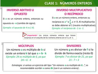 MÚLTIPLOS
Un número a es múltiplo de b si
existe un entero k tal que a = b ∙ k
Ejemplo: 24 es múltiplo de 6, ya que
24 = 6 ∙ 4
INVERSO ADITIVO U
OPUESTO
Un número g es divisor de f si lo
divide de forma exacta (resto 0)
Ejemplo: 7 es divisor de 21, ya que
21 : 7 = 3
Estrategia: si vemos un ejercicio del tipo “Un número a es múltiplo de 8…”, es
recomendable escribir a como 8k (con k un número entero) .
CLASE 1: NÚMEROS ENTEROS
Si a es un número entero, entonces su
opuesto es –a (cambio de signo).
Ejemplo: el opuesto de 4 es (-4).
¡Importante! Los únicos números enteros que tienen
recíproco en el conjunto de los números enteros son el 1 y el -1.
Si a es un número entero, entonces su
recíproco es a-1 o
1
a
, a ≠ 0. Al multiplicarlos
se debe obtener el 1 (neutro multiplicativo).
Ejemplo: el recíproco de -1 es -1.
INVERSO MULTIPLICATIVO
O RECÍPROCO
DIVISORES
 