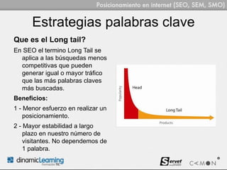 Estrategias palabras clave
Que es el Long tail?
En SEO el termino Long Tail se
  aplica a las búsquedas menos
  competitivas que pueden
  generar igual o mayor tráfico
  que las más palabras claves
  más buscadas.
Beneficios:
1 - Menor esfuerzo en realizar un
    posicionamiento.
2 - Mayor estabilidad a largo
    plazo en nuestro número de
    visitantes. No dependemos de
    1 palabra.
 