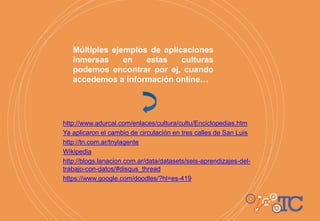 Múltiples ejemplos de aplicaciones
inmersas en estas culturas
podemos encontrar por ej, cuando
accedemos a información online…
http://www.adurcal.com/enlaces/cultura/cultu/Enciclopedias.htm
Ya aplicaron el cambio de circulación en tres calles de San Luis
http://tn.com.ar/tnylagente
Wikipedia
http://blogs.lanacion.com.ar/data/datasets/seis-aprendizajes-del-
trabajo-con-datos/#disqus_thread
https://www.google.com/doodles/?hl=es-419
 
