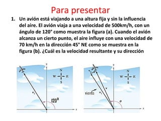 Para presentar

1. Un avión está viajando a una altura fija y sin la influencia
del aire. El avión viaja a una velocidad de 500km/h, con un
ángulo de 120° como muestra la figura (a). Cuando el avión
alcanza un cierto punto, el aire influye con una velocidad de
70 km/h en la dirección 45° NE como se muestra en la
figura (b). ¿Cuál es la velocidad resultante y su dirección

 