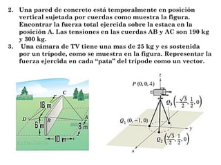 2. Una pared de concreto está temporalmente en posición
vertical sujetada por cuerdas como muestra la figura.
Encontrar la fuerza total ejercida sobre la estaca en la
posición A. Las tensiones en las cuerdas AB y AC son 190 kg
y 300 kg.
3. Una cámara de TV tiene una mas de 25 kg y es sostenida
por un trípode, como se muestra en la figura. Representar la
fuerza ejercida en cada “pata” del trípode como un vector.

 