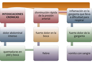 INTOXICACIONES
CRONICAS
dolor abdominal
intenso
quemaduras en
piel y boca
fiebre
fuerte dolor en la
boca
disminución rápida
de la presión
arterial
inflamación en la
garganta que lleva
a dificultad para
respirar
fuerte dolor de la
garganta
vomito con sangre
 