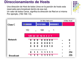 RonaldMReales

CCNACISCO10833138

Ronald.reales@gmail.com
Una dirección de Host de todos Unos en la porción de hosts esta
reservada para broadcast dentro de esa red.
Un valor de todos Ceros, significa la dirección de Red en si misma
Por ejemplo, (192.168.1.0).
Direccionamiento de Hosts
 