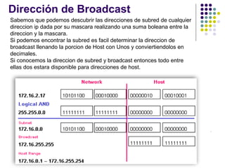 Dirección de Broadcast
Sabemos que podemos descubrir las direcciones de subred de cualquier
direccion ip dada por su mascara realizando una suma boleana entre la
direccion y la mascara.
Si podemos encontrar la subred es facil determinar la direccion de
broadcast llenando la porcion de Host con Unos y conviertiendolos en
decimales.
Si conocemos la direccion de subred y broadcast entonces todo entre
ellas dos estara disponible para direcciones de host.
RonaldMReales

CCNACISCO10833138

Ronald.reales@gmail.com
 