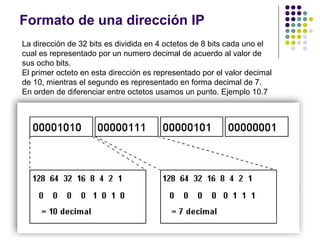 La dirección de 32 bits es dividida en 4 octetos de 8 bits cada uno el
cual es representado por un numero decimal de acuerdo al valor de
sus ocho bits.
El primer octeto en esta dirección es representado por el valor decimal
de 10, mientras el segundo es representado en forma decimal de 7.
En orden de diferenciar entre octetos usamos un punto. Ejemplo 10.7
Formato de una dirección IP
RonaldMReales

CCNACISCO10833138

Ronald.reales@gmail.com
 