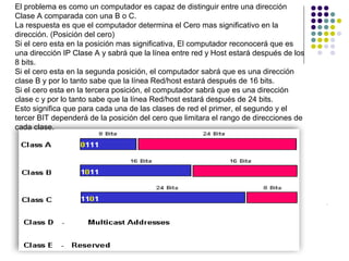 El problema es como un computador es capaz de distinguir entre una dirección
Clase A comparada con una B o C.
La respuesta es que el computador determina el Cero mas significativo en la
dirección. (Posición del cero)
Si el cero esta en la posición mas significativa, El computador reconocerá que es
una dirección IP Clase A y sabrá que la línea entre red y Host estará después de los
8 bits.
Si el cero esta en la segunda posición, el computador sabrá que es una dirección
clase B y por lo tanto sabe que la línea Red/host estará después de 16 bits.
Si el cero esta en la tercera posición, el computador sabrá que es una dirección
clase c y por lo tanto sabe que la línea Red/host estará después de 24 bits.
Esto significa que para cada una de las clases de red el primer, el segundo y el
tercer BIT dependerá de la posición del cero que limitara el rango de direcciones de
cada clase.
RonaldMReales

CCNACISCO10833138

Ronald.reales@gmail.com
 