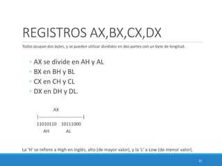 REGISTROS AX,BX,CX,DX
Todos ocupan dos bytes, y se pueden utilizar divididos en dos partes con un byte de longitud.
◦ AX se divide en AH y AL
◦ BX en BH y BL
◦ CX en CH y CL
◦ DX en DH y DL.
AX
|-----------------------------|
11010110 10111000
AH AL
La 'H' se refiere a High en inglés, alto (de mayor valor), y la 'L' a Low (de menor valor).
25
 
