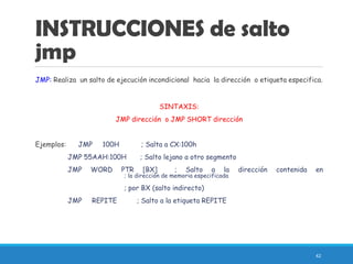 INSTRUCCIONES de salto
jmp
JMP: Realiza un salto de ejecución incondicional hacia la dirección o etiqueta especifica.
SINTAXIS:
JMP dirección o JMP SHORT dirección
Ejemplos: JMP 100H ; Salta a CX:100h
JMP 55AAH:100H ; Salto lejano a otro segmento
JMP WORD PTR [BX] ; Salto a la dirección contenida en
; la dirección de memoria especificada
; por BX (salto indirecto)
JMP REPITE ; Salto a la etiqueta REPITE
42
 