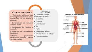 DÓNDE SE ENCUENTRA
● Compuestos utilizados para
fabricar pinturas cauchos, tintes,
conservantes de la madera y
pomadas
● Revestimiento de protección
contra el moho
● Suplementos de vitaminas y
minerales
● Óxido de zinc (relativamente
inofensivo)
●Metales galvanizados
calentados o fundidos ( liberan
vapores de zinc)
SÍNTOMAS
● Dolor en el cuerpo
sensaciones de ardor
● Escalofríos
● Desmayo
● Convulsiones
● Tos
● Fiebre
● Hipotensión arterial
● Sabor metálico en la boca
● Erupción cutáneo
 