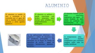 El aluminio es estable al
aire y resistente a la
corrosión por el agua del
mar a muchas soluciones
acuosas y otros agentes
químicos .
El aluminio es anfótero y
puede reaccionar con
ácidos minerales para
formar sales solubles con
desprendimiento de
hidrógeno.
El aluminio fundido puede
tener reacciones
explosivas con agua . El
metal fundido no debe
entrar en contacto con
herramientas ni con
contenedores húmedos.
A temperaturas altas ,
reduce muchos
compuestos que contienen
oxigeno sobre todo los
óxidos metálicos
En las aplicaciones eléctricas , los
alambres y cables de aluminio son
los productos principales , Se
encuentra en el hogar en forma de
utensilios de cocina , papel de
aluminio , herramientas , aparatos ,
portátiles .
 