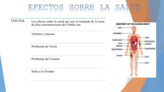 EFECTOS Los efectos sobre la salud que son el resultado de la toma
de altas concentraciones de Cobalto son
Vómitos y nauseas
Problemas de Visión
Problemas de Corazón
Daño a la Tiroides
 