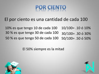 El por ciento es una cantidad de cada 100
10% es que tengo 10 de cada 100
El 50% siempre es la mitad
30 % es que tengo 30 de cada 100
50 % es que tengo 50 de cada 100
10/100= .10 ó 10%
30/100= .30 ó 30%
50/100= .50 ó 50%
 
