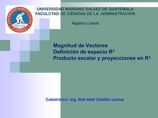 Magnitud de Vectores
Definición de espacio R3
Producto escalar y proyecciones en R3
Catedrático: Ing. Noé Abel Castillo Lemus
UNIVERSIDAD MARIANO GALVEZ DE GUATEMALA
FACULCTAD DE CIENCIAS DE LA ADMINISTRACIÓN
Algebra Lineal
 