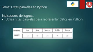 Tema: Listas paralelas en Python.
Indicadores de logros:.
• Utiliza listas paralelas para representar datos en Python.
 
