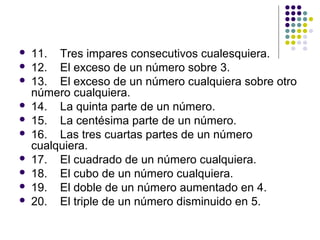  11. Tres impares consecutivos cualesquiera.
 12. El exceso de un número sobre 3.
 13. El exceso de un número cualquiera sobre otro
número cualquiera.
 14. La quinta parte de un número.
 15. La centésima parte de un número.
 16. Las tres cuartas partes de un número
cualquiera.
 17. El cuadrado de un número cualquiera.
 18. El cubo de un número cualquiera.
 19. El doble de un número aumentado en 4.
 20. El triple de un número disminuido en 5.
 