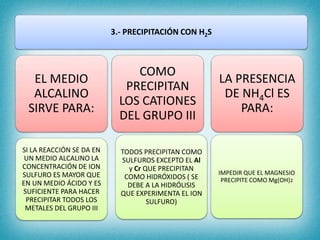3.- PRECIPITACIÓN CON H2S
EL MEDIO
ALCALINO
SIRVE PARA:
SI LA REACCIÓN SE DA EN
UN MEDIO ALCALINO LA
CONCENTRACIÓN DE ION
SULFURO ES MAYOR QUE
EN UN MEDIO ÁCIDO Y ES
SUFICIENTE PARA HACER
PRECIPITAR TODOS LOS
METALES DEL GRUPO III
LA PRESENCIA
DE NH4Cl ES
PARA:
IMPEDIR QUE EL MAGNESIO
PRECIPITE COMO Mg(OH)2
COMO
PRECIPITAN
LOS CATIONES
DEL GRUPO III
TODOS PRECIPITAN COMO
SULFUROS EXCEPTO EL Al
y Cr QUE PRECIPITAN
COMO HIDRÓXIDOS ( SE
DEBE A LA HIDRÓLISIS
QUE EXPERIMENTA EL ION
SULFURO)
 