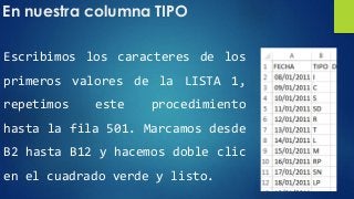 En nuestra columna TIPO
Escribimos los caracteres de los
primeros valores de la LISTA 1,
repetimos este procedimiento
hasta la fila 501. Marcamos desde
B2 hasta B12 y hacemos doble clic
en el cuadrado verde y listo.
 