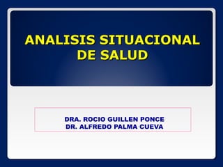 ANALISIS SITUACIONALANALISIS SITUACIONAL
DE SALUDDE SALUD
DRA. ROCIO GUILLEN PONCE
DR. ALFREDO PALMA CUEVA
 