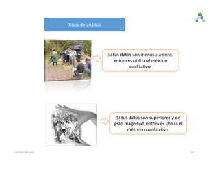 Tipos de análisis
Si tus datos son menos a veinte, 
entonces utiliza el método 
cualitativo.
Si tus datos son superiores y de 
gran magnitud, entonces utiliza el 
método cuantitativo.
16Jacinto Arroyo
 
