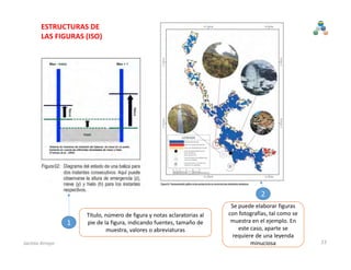 Título, número de figura y notas aclaratorias al 
pie de la figura, indicando fuentes, tamaño de 
muestra, valores o abreviaturas
Se puede elaborar figuras 
con fotografías, tal como se 
muestra en el ejemplo. En 
este caso, aparte se 
requiere de una leyenda 
minuciosa
2
1
ESTRUCTURAS DE 
LAS FIGURAS (ISO)
23Jacinto Arroyo
 