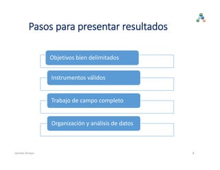Pasos para presentar resultados
Objetivos bien delimitados
Instrumentos válidos
Trabajo de campo completo
Organización y análisis de datos
8Jacinto Arroyo
 