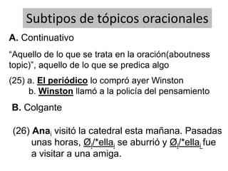 “Aquello de lo que se trata en la oración(aboutness
topic)”, aquello de lo que se predica algo
Subtipos de tópicos oracionales
(25) a. El periódico lo compró ayer Winston
b. Winston llamó a la policía del pensamiento
A. Continuativo
B. Colgante
(26) Anai visitó la catedral esta mañana. Pasadas
unas horas, Øi/*ellai se aburrió y Øi/*ellai fue
a visitar a una amiga.
 
