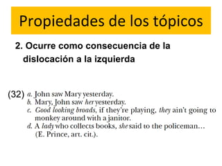 Propiedades de los tópicos
2. Ocurre como consecuencia de la
dislocación a la izquierda
(32)
 