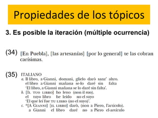 Propiedades de los tópicos
3. Es posible la iteración (múltiple ocurrencia)
(34)
(35)
 