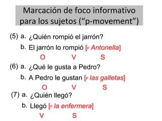 Marcación de foco informativo
para los sujetos (“p-movement”)
(5) ¿Quién rompió el jarrón?
b.
a.
El jarrón lo rompió [F Antonella]
O V S
(6) ¿Qué le gusta a Pedro?
b.
a.
A Pedro le gustan [F las galletas]
O V S
(7) ¿Quién llegó?
b.
a.
Llegó [F la enfermera]
V S
 
