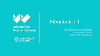 Bioquímica II
Mg. Elizabeth Liz Chávez Hidalgo
Farmacia y Bioquímica
Sesión N° 10 – Semana 10
 