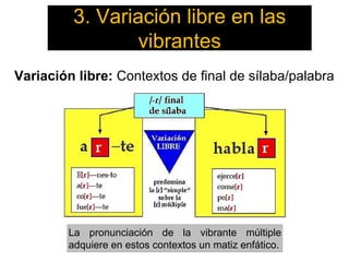 3. Variación libre en las
vibrantes
Variación libre: Contextos de final de sílaba/palabra
La pronunciación de la vibrante múltiple
adquiere en estos contextos un matiz enfático.
 