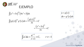 EJEMPLO
( ) ( )
304 3
3 4 3x x x dx+ +
( )( ) ( )
( )
( )
31
30
314
'
31
3
31
g x
g x g x dx C
x x
C
  = +
+
= +

( )
( )'
u g x
du g x dx
=
=
1
, 1
1
r
r u
u du C r
r
+
= +  −
+
 