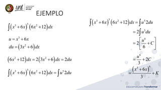 EJEMPLO
( ) ( )
53 2
6 6 12x x x dx+ +
( )
3
2
6
3 6
u x x
du x dx
= +
= +
( ) ( )2 2
6 12 2 3 6 2x dx x dx du+ = + =
( ) ( )
53 2 5
6 6 12 2x x x dx u du+ + = 
( ) ( )
53 2 5
6 6 12 2x x x dx u du+ + = 
( ) ( )
53 52
6 6 12 2x ux x dx u d+ + = 
( ) ( )
53 2
6
6 6 1 2
6
2x
u
dx Cx x
 
= + 

+ +


( ) ( )
53 2
6
6 6 1 2
3
2
u
Cx x x dx =+ ++
( ) ( )
( )2
63
53
6 6 12
6
3
Kx x x dx
x x+
=+ + +
 