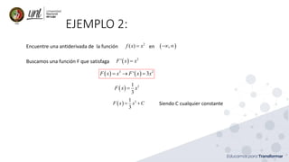 EJEMPLO 2:
Encuentre una antiderivada de la función en ( )2
( ) ,f x x= − 
Buscamos una función F que satisfaga ( ) 2
'F x x=
( ) ( )3 2
' 3F x x F x x= → =
( ) 31
3
F x x=
Siendo C cualquier constante( ) 31
3
F x x C= +
 