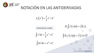 NOTACIÓN EN LAS ANTIDERIVADAS
( )2 31
3
xA x x C= +
NOTACIÓN DE LEIBNIZ
2 31
3
x dx x C= +
3 4
4x dx x C= +
( ) ( )xD f x dx f x C= +
( ) ( )xD f x dx f x=
 