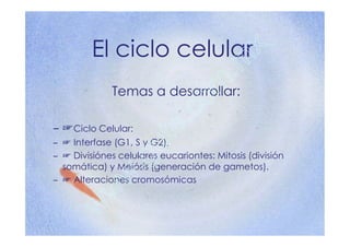 El ciclo celular x
                                              . m
                 Temas a desarrollar:
                                       o m
   – ☞Ciclo Celular:             e.c
                           u
   – ☞ Interfase (G1, S y G2), t
                        .g
   – ☞ Divisiónes celulares eucariontes: Mitosis (división
     somática) y Meiósis (generación de gametos).
                    w
   – ☞ Alteraciones cromosómicas

                w
             w
Autor: Maestro en Ciencias Bioquímicas Genaro Matus Ortega
 genaromatus@excite.com, genaro_matus@hotmail.com
 