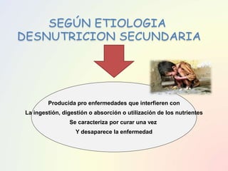 Producida pro enfermedades que interfieren con
La ingestión, digestión o absorción o utilización de los nutrientes
Se caracteriza por curar una vez
Y desaparece la enfermedad
 