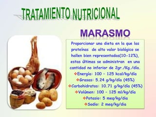 Proporcionar una dieta en la que las
proteínas de alto valor biológico se
hallen bien representadas(10-12%),
estas últimas se administran en una
cantidad no inferior de 2gr./Kg./día.
Energía: 100 – 125 kcal/kg/día
Grasas: 5.24 g/kg/día (45%)
Carbohidratos: 10.71 g/kg/día (45%)
Volúmen: 100 – 125 ml/kg/día
Potasio: 5 meq/kg/dia
Sodio: 2 meq/kg/dia
 