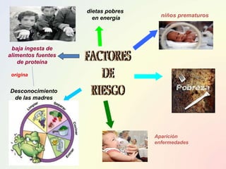 niños prematuros
dietas pobres
en energía
baja ingesta de
alimentos fuentes
de proteína
origina
Desconocimiento
de las madres
Aparición
enfermedades
 