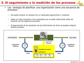 GESTIÓN DE LA CALIDAD
3. El seguimiento y la medición de los procesos
 Las ventajas de planificar una organización como una secuencia de
procesos:
• Se puede conocer su eficacia con un adecuado seguimiento y medición.
• Saber en todo momento si los resultados que se están obteniendo están de
acuerdo con los objetivos previstos.
• El seguimiento de los procesos nos da información de cómo se pueden mejorar
dichos procesos.
ENTRADAS SALIDAS
PROCESO
Seguimiento
Medición
Datos Datos
Seguimiento
Medición
Ajuste del
Proceso
Variables de control
Indicadores
 