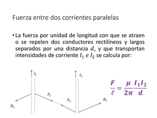 Fuerza entre dos corrientes paralelas 
• La fuerza por unidad de longitud con que se atraen 
o se repelen dos conductores rectilíneos y largos 
separados por una distancia 푑, y que transportan 
intensidades de corriente 퐼1 푒 퐼2 se calcula por: 
푭 
ℓ 
= 
흁 
ퟐ흅 
푰ퟏ푰ퟐ 
풅 
퐼1 퐼2 
퐹1 
퐹2 퐵1 
퐵2 
 