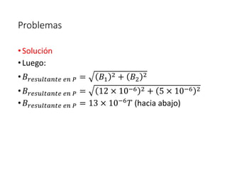 Problemas 
• Solución 
• Luego: 
• 퐵푟푒푠푢푙푡푎푛푡푒 푒푛 푃 = 퐵1 
2 + 퐵2 
2 
• 퐵푟푒푠푢푙푡푎푛푡푒 푒푛 푃 = 12 × 10−6 2 + 5 × 10−6 2 
• 퐵푟푒푠푢푙푡푎푛푡푒 푒푛 푃 = 13 × 10−6푇 (hacia abajo) 
 