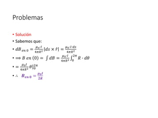 Problemas 
• Solución 
• Sabemos que: 
• 푑퐵 푒푛 0 = 
휇표∙퐼 
4휋푅2 푑푠 × 푟 = 
휇0∙퐼∙푑푠 
4휋푅2 
• ⟹ 퐵 푒푛 0 = 푑퐵 = 
2휋 
휇0∙퐼 
4휋푅2 0 
푅 ∙ 푑휃 
• = 
휇0퐼 
4휋푅2 휃 0 2휋 
• ∴ 푩풆풏 ퟎ = 
흁ퟎ푰 
ퟐ푹 
 