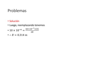 Problemas 
• Solución 
• Luego, reemplazando tenemos 
10−6 4휋×10−7× 5 
• 10 × = 
2푅 
• ∴ 푅 = 0.314 푚 
