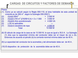 CARGAS DE CIRCUITOS Y FACTORES DE DEMANDA
Pasos:
(1) Como ya se calculó según la Regla 050-110, el área habitable de esta unidad de
vivienda es de 306 m2
según la Subregla 050-200(1)
(2) (I)(a)(i) 90m2
= 2 500 W
(3) (I)(a)(ii) 216 m2
(216/90=2,4) = 3 x 1 000 = 3 000 W
(4) (I)(a)(iii) Aire acondicionado = 4 000 VA
(5) y (6) no aplicables ---
(7) (I)(a)(vi) secadora de ropa = 4 000 W
Total 13 500 W
(8) El cálculo de carga de la casa es de 13 500 W, lo que es igual a 35,5 A . La Subregla
(1) dice que la capacidad mínima del conductor debe ser el mayor de (a) o (b).
Entonces de acuerdo al párrafo (b) la corriente nominal mínima debe ser de 40 A .
(9) La capacidad del conductor de la acometida y del alimentador debe ser de 40 A .
(10) El dispositivo de protección de la acometida debe ser de 40 A .
 