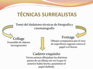 TÉCNICAS SURREALISTAS
Tomó del dadaísmo técnicas de fotografía y
cinematografía
Collage
Ensamble de objetos
incongruentes
Frottage
Dibujos compuestos por el roce
de superficies rugosas contra el
papel o el lienzo
Cadáver exquisito
Varios artistas dibujaban las distintas
partes de un dibujo sin ver lo que el
anterior había hecho, pasándose el
papel doblado
 