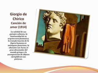 Giorgio de
Chirico
Canción de
amor (1914)
La soledad de sus
paisajes urbanos, la
luminosidad de su
arquitectura fantástica,
la transformación de la
figura humana en
maniquíes futuristas, la
obsesión con Turín; el
peso abrumador del
mundo griego; y la
yuxtaposición de objetos
ejemplifican sus
pinturas.
 