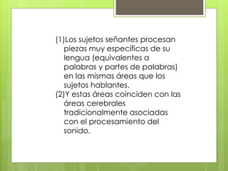 (1)Los sujetos señantes procesan
   piezas muy específicas de su
   lengua (equivalentes a
   palabras y partes de palabras)
   en las mismas áreas que los
   sujetos hablantes.
(2)Y estas áreas coinciden con las
   áreas cerebrales
   tradicionalmente asociadas
   con el procesamiento del
   sonido.
 